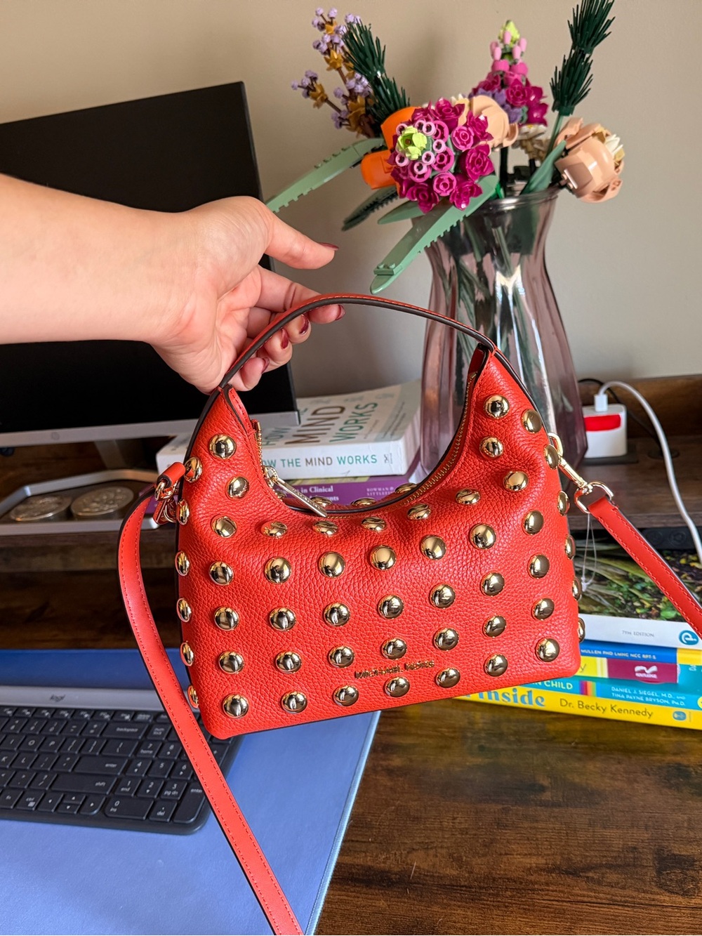 Michael Kors Orange Leather Studded Mini Shoulder Bag with Gold Hardware